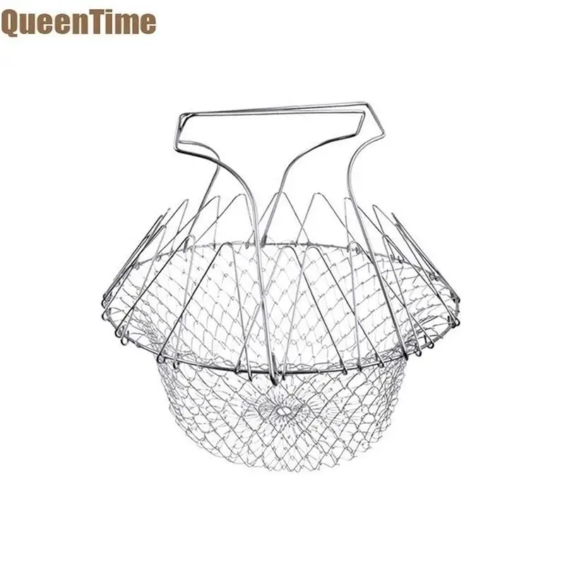 

QueenTime Foldable Fry Kitchen Mesh Basket Stainless Steel Colanders Frying French Fryer Chef Pasta Strainer Cooking Baskets