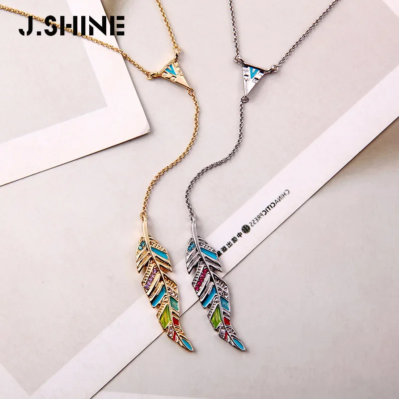 

JShine Two Choices Enamel Crystal Leaf Long Necklace Pendants For Women 2019 New Gold Silver Color Slim Chain Necklace Korean