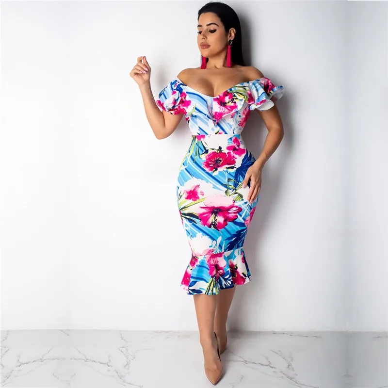 Women V Neck Floral Print Bodycon Party Dress Short Bohemian Sheath Mid