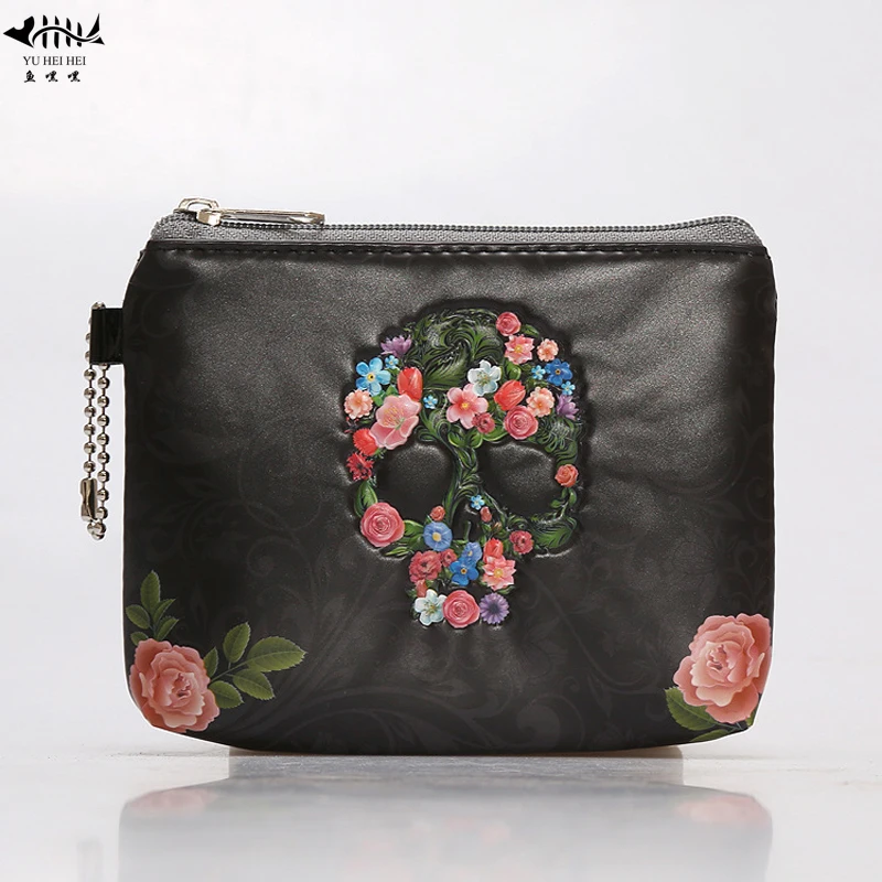 

High Quality PU Leather Coin Purse Mini Change Fashion 3D Skull Women Men Small Wallets Coin Purses World Map Zipper free ship
