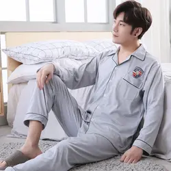 Yuzhenli мужской пижамный комплект ночное белье с длинным рукавом однотонный свободный комплект одежды для сна хлопок отложной воротник Loungewear