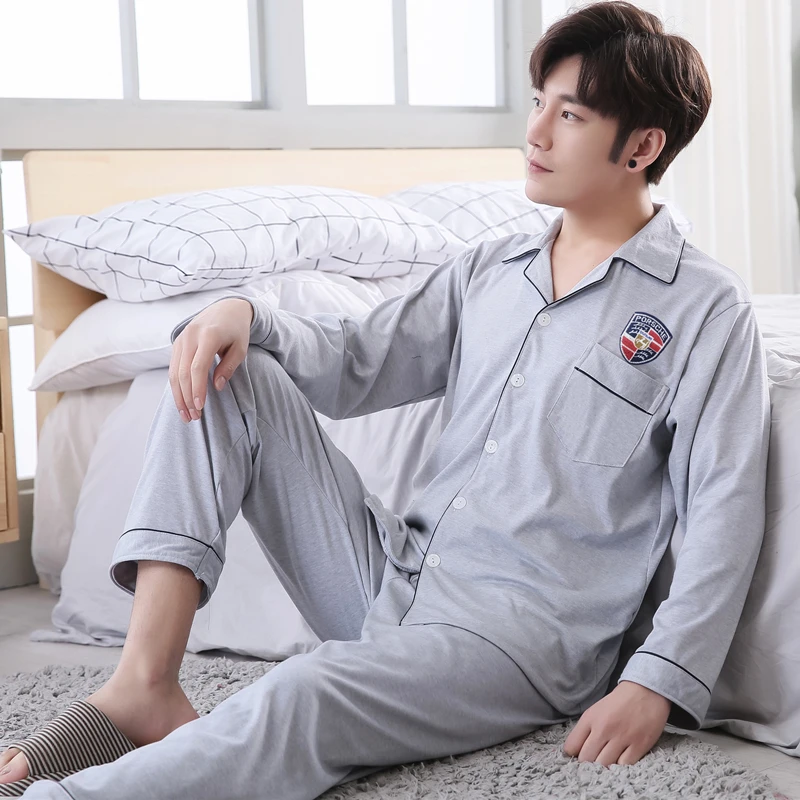 

Yuzhenli Mens Pajamas Set Nightwear Long Sleeve Solid Loose Sleepwear Set Cotton Turn-Down Collar Loungewear Plus L-3XL