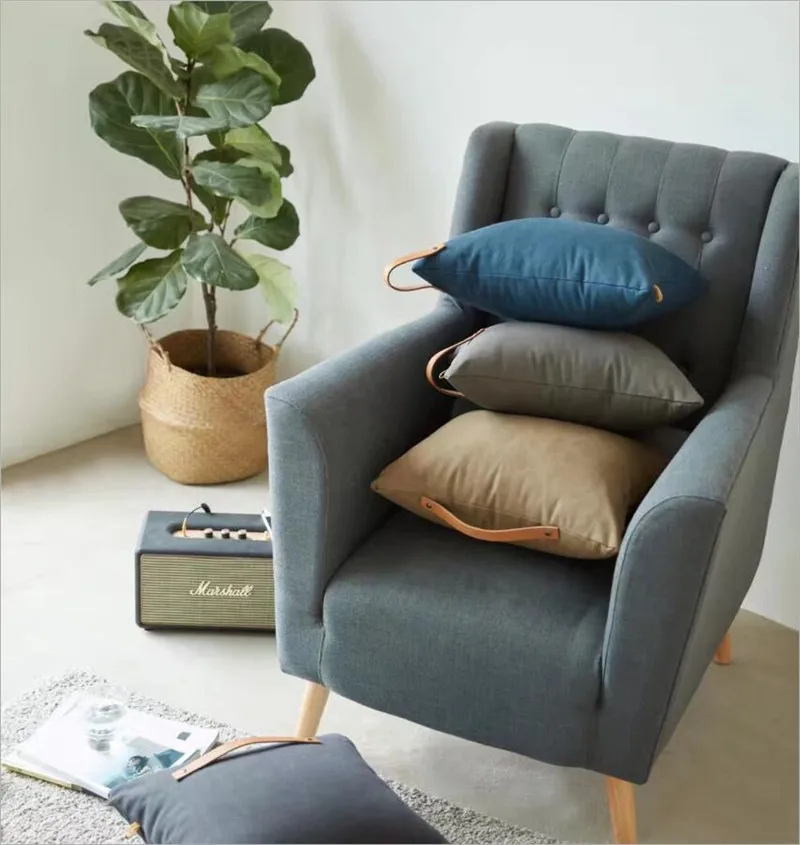 Nordic style home wash canvas pillow back cushion with leather handle