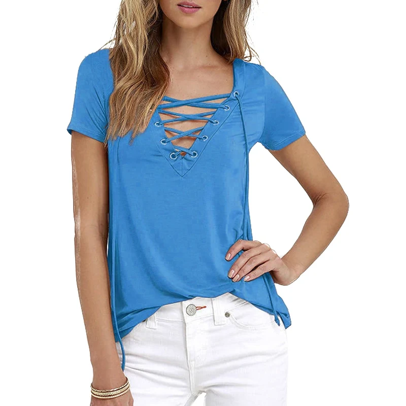 SHUJIN, модные женские футболки с длинным рукавом, осенне-зимние сексуальные бандажные рубашки с глубоким v-образным вырезом, женские топы на шнуровке, футболки, одежда - Цвет: Light Blue
