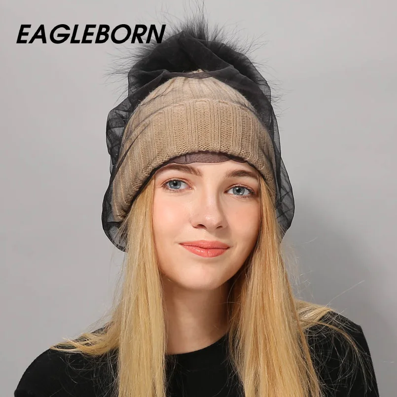 

EAGLEBORN Lace knitted women hat fur hats for lady beanies cap girl fur pom poms and wool knitted hat new thick female cap
