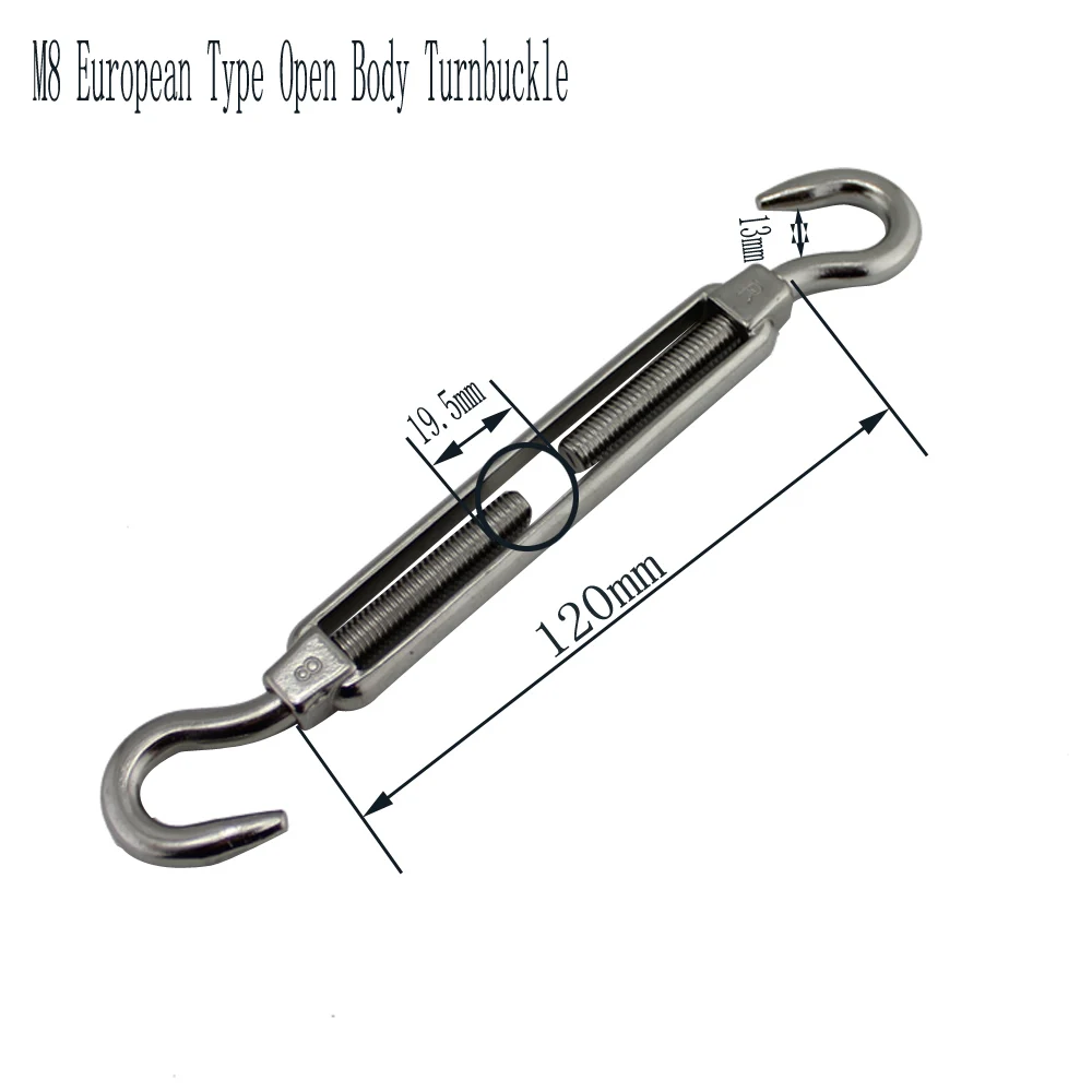 Stainless Adjustable Hook-Hook Turnbuckle European Style Open Body Adjustable Wire Rope Tension M8 for Sun Shade Kits 4pcs