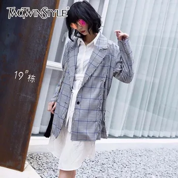 

GALCAUR Tassel Plaid Blazer For Women Ring Lapel Collar Long Sleeve Coats Spring Fashion Harajuku Clothing Spring New