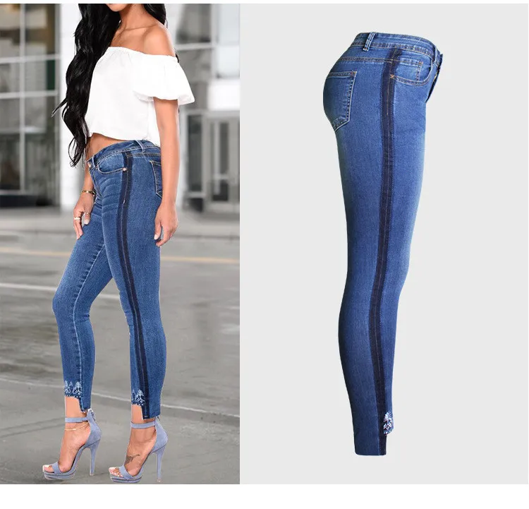 High Waist Jeans Embroidered Denim Pencil Pants Hot Fashion Stretchable Skinny Jeans Women Blue Color Slit Foot Jeans Female (4)