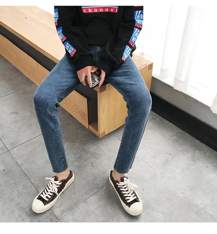 2018 японский стиль для мужчин весна сплошной цвет стрейч Slim Fit классический обтягивающие джинсы Синий повседневные штаны байкерские Джинс
