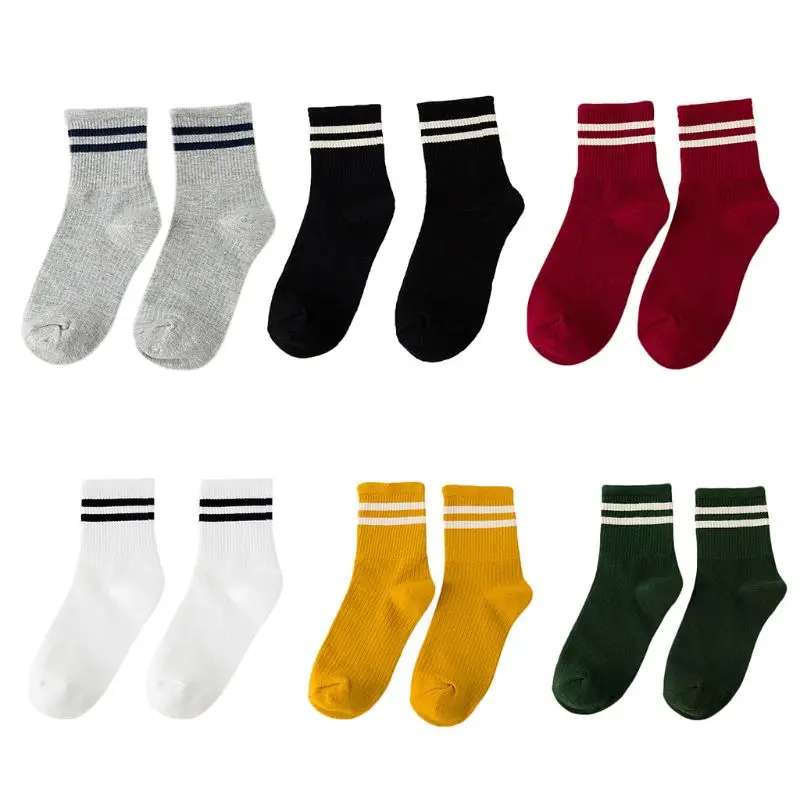 Women Girls Harajuku Double Striped Long Crew Socks Ribbed Knit Bright Solid Color Hip-Hop Skateboard Cotton Sports Tube Hosiery | Женская
