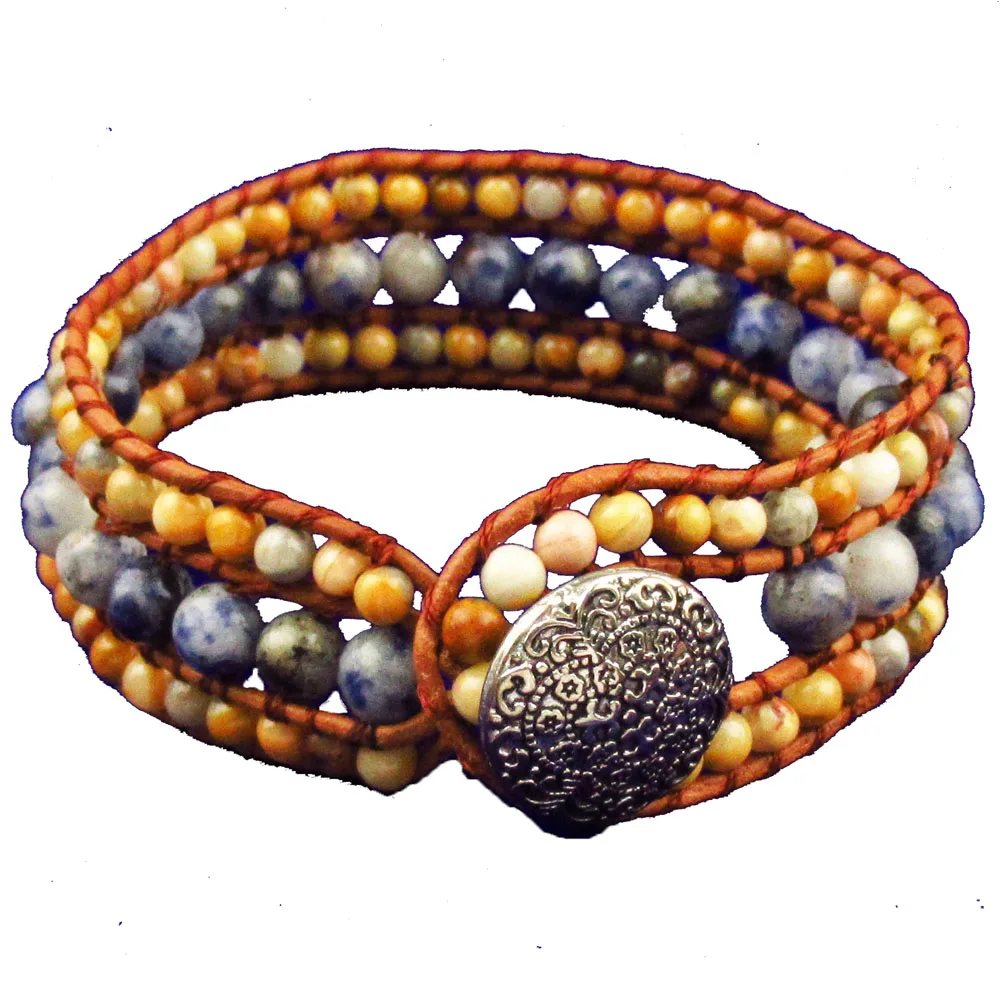 High End New Three layer Bracelet Crazy Agates And Sodalite Leather Wrap Bracelets Cuff Bracelet