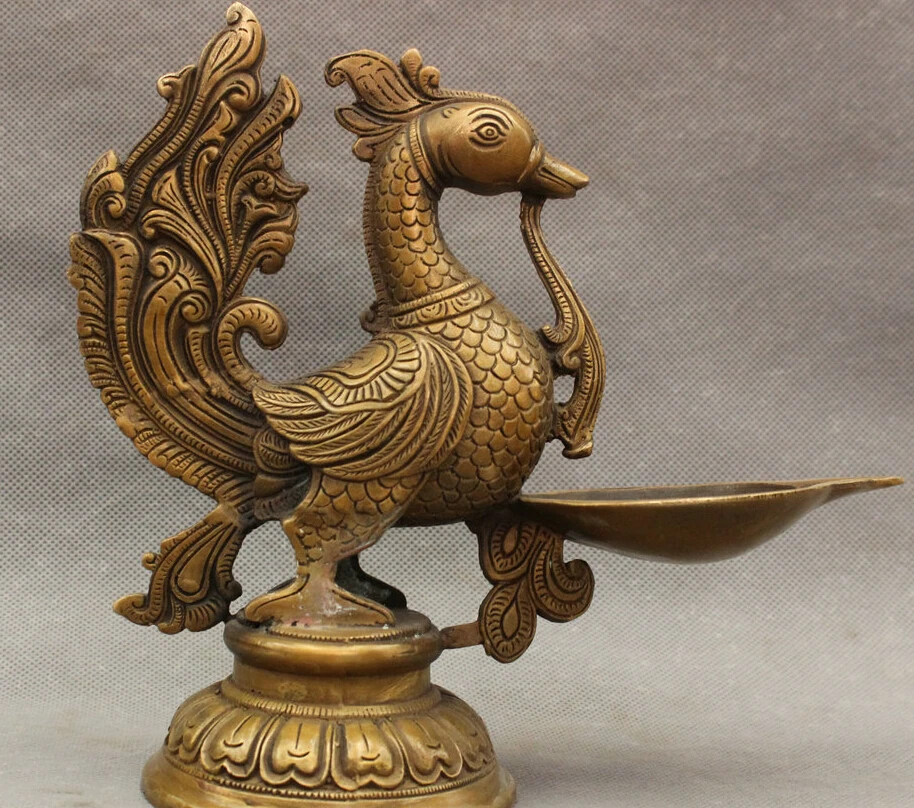 8" Folk Chinese Bronze Copper Peacock Phoenix Bird Statue Buddhism Candlestick