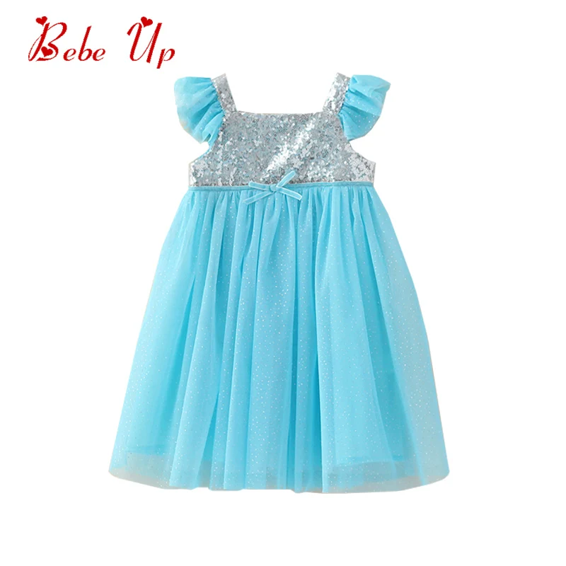 Праздничное платье с блестками для маленьких девочек детские летние платья с рукавами-рюшами для девочек, платье принцессы из тюля Tiffanyblue