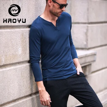 

Mens Long Sleeve T Shirt Spring Solid Soft V-Collar Fashion Slim Fit Button Tops Casual New Arrival Plus Size Male T-shirts 4XL