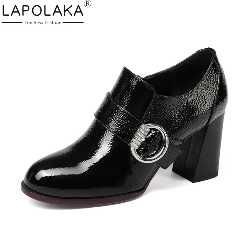 

LAPOLAKA New women's Genuine Leather Square High Heel Zip Solid Shoes Woman Casual Office Spring Pumps Size 34-39