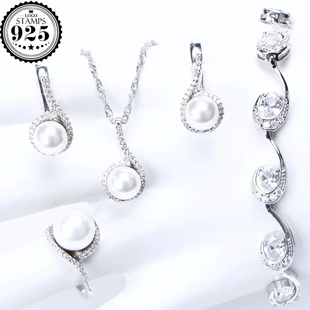 Свадебные жемчужные Ювелирные наборы для женщин 925 стерлингового серебра Свадебный белый циркониевый браслет, серьги, кольцо ожерелье кулон Набор подарочных коробок