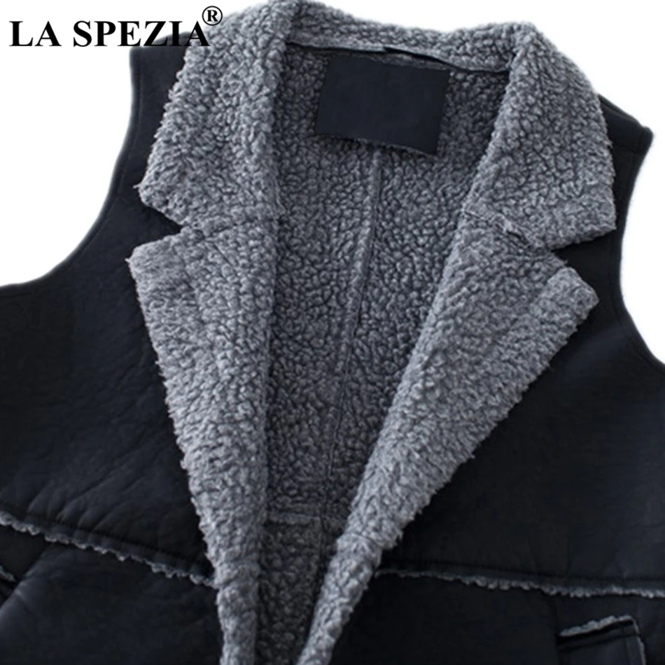 LA SPEZIA Women Long Waistcoat Vest Winter Gray Female Faux Leather Warm Lambswool Fashion Ladies Sleeveless Jackets Black 2019