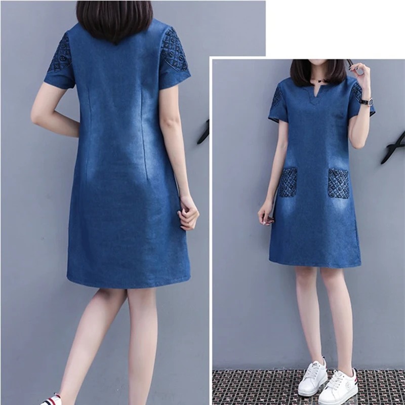 New Heat sell Short sleeve Denim Dress Women 2019 Summer Plus size 5XL Embroidery Jeans Dresses V-neck Thin Denim Dresses A2695