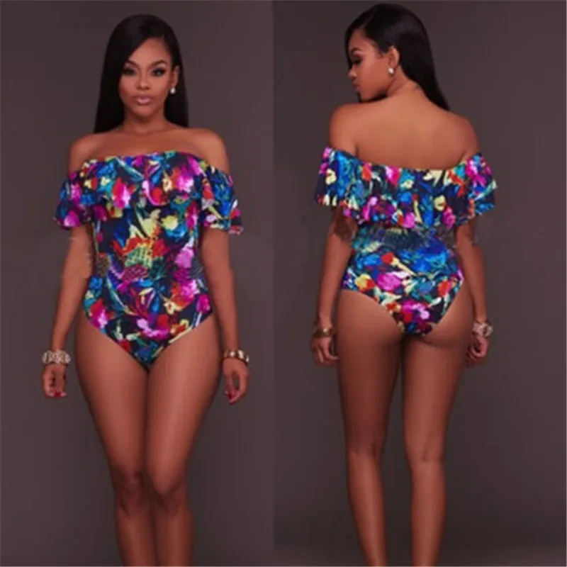 

Women One-Piece Flower Printing Swimsuit Sexy Bandage Off Shoulder Beachwear Swimwear monokini bikini Bathing Suit