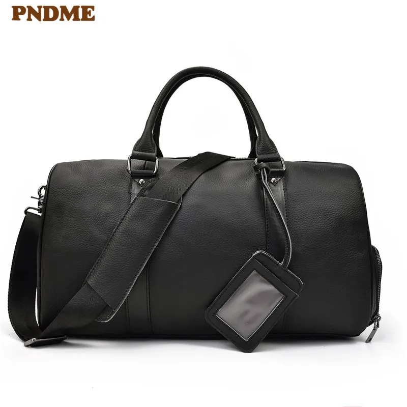 

PNDME casual genuine leather black men's travel bag duffel bag vintage simple soft top layer cowhide handbags storage bag