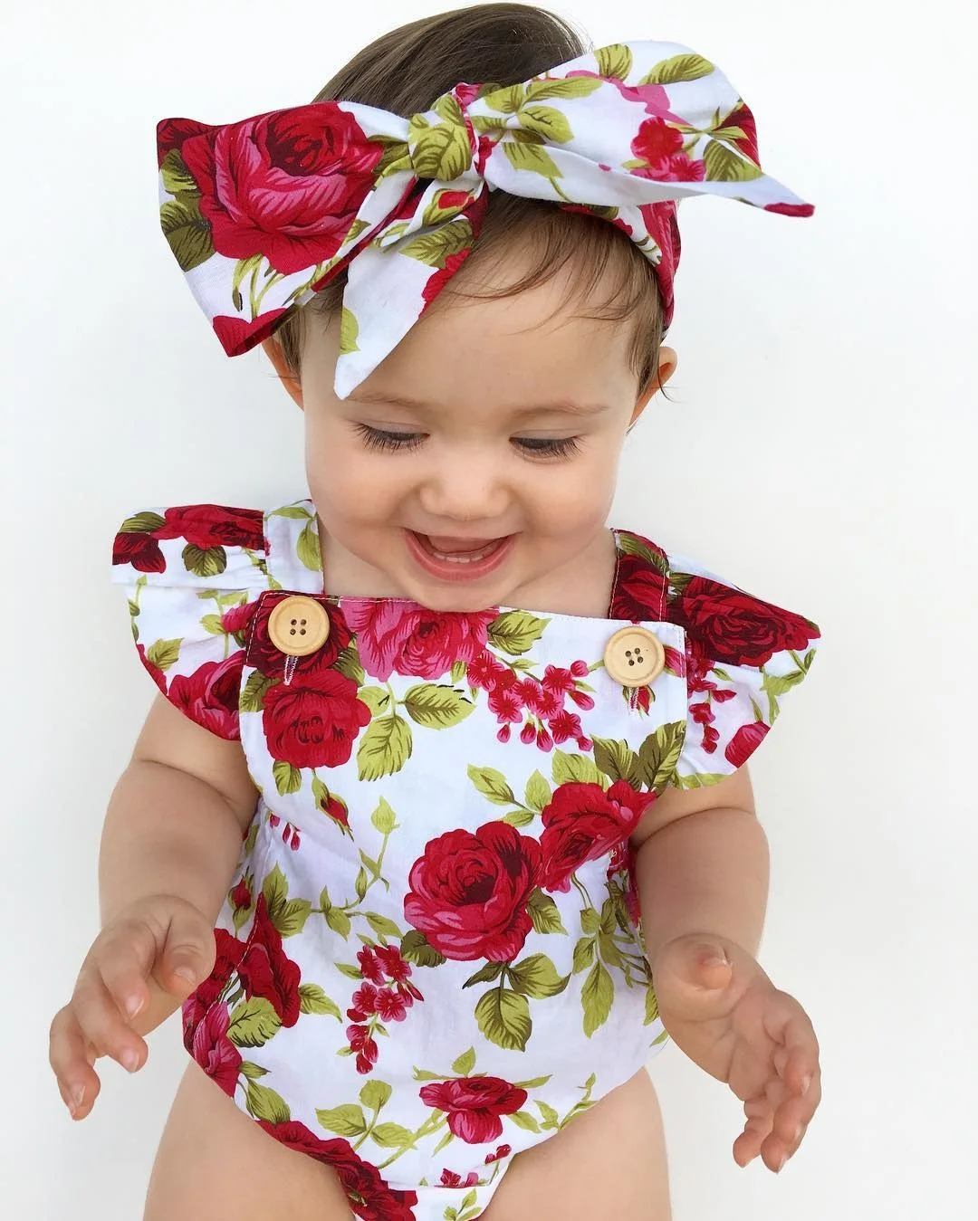 Одежда для новорожденных девочек Комбинезон с цветочным принтом+ повязка на голову комплект из 2 предметов