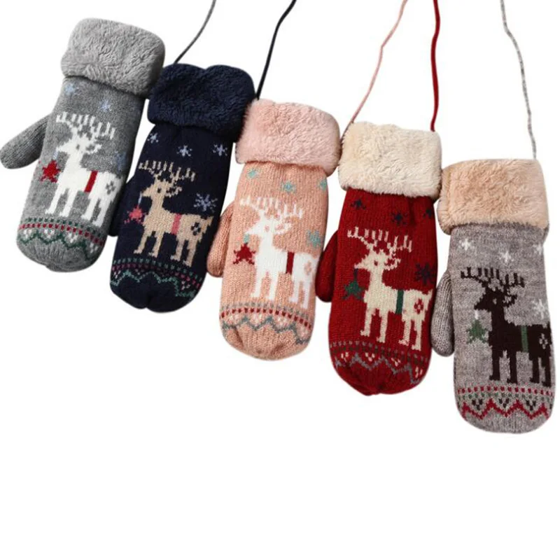 

Lovely Ladies Cartoon Deer Wool Knitted Double Thicker Plus Cashmere Mittens Women Winter Warm Full Finger Soft Cute Gloves 20