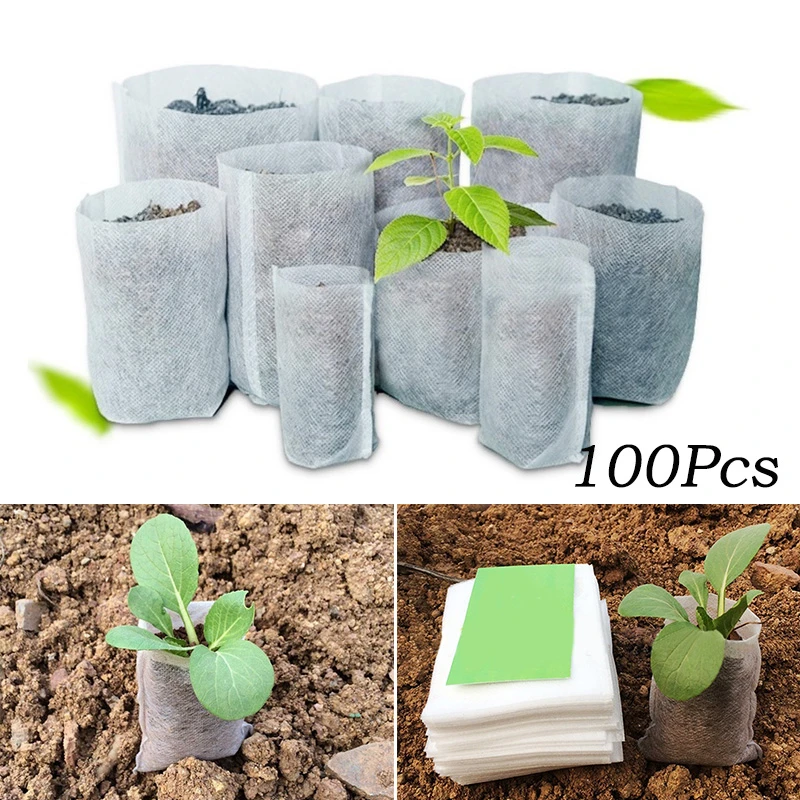 100Pcs Biodegradable Nonwoven Fabric Nursery Plant Grow Bags Seedling Growing Planter Planting Pots Eco-Friendly Ventilate Bag