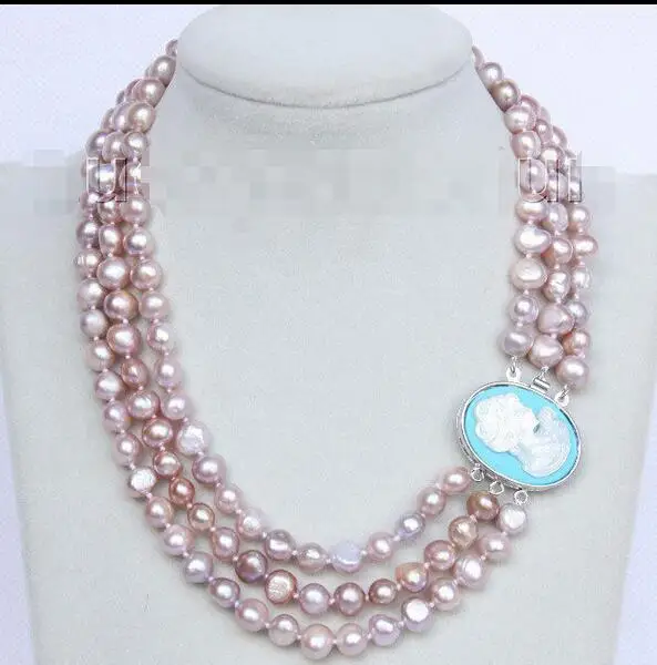

Free Shipping >>>Baroque 16"-18" 3row 9mm purple pearls necklace seashell clasp j10079