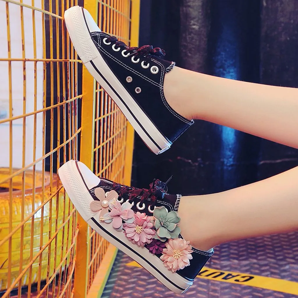 

YOUYEDIAN Women Sneakers Denim Casual Shoes Female Summer Canvas Shoes Trainers Lace Up Ladies Basket femme flower tenis #605g25