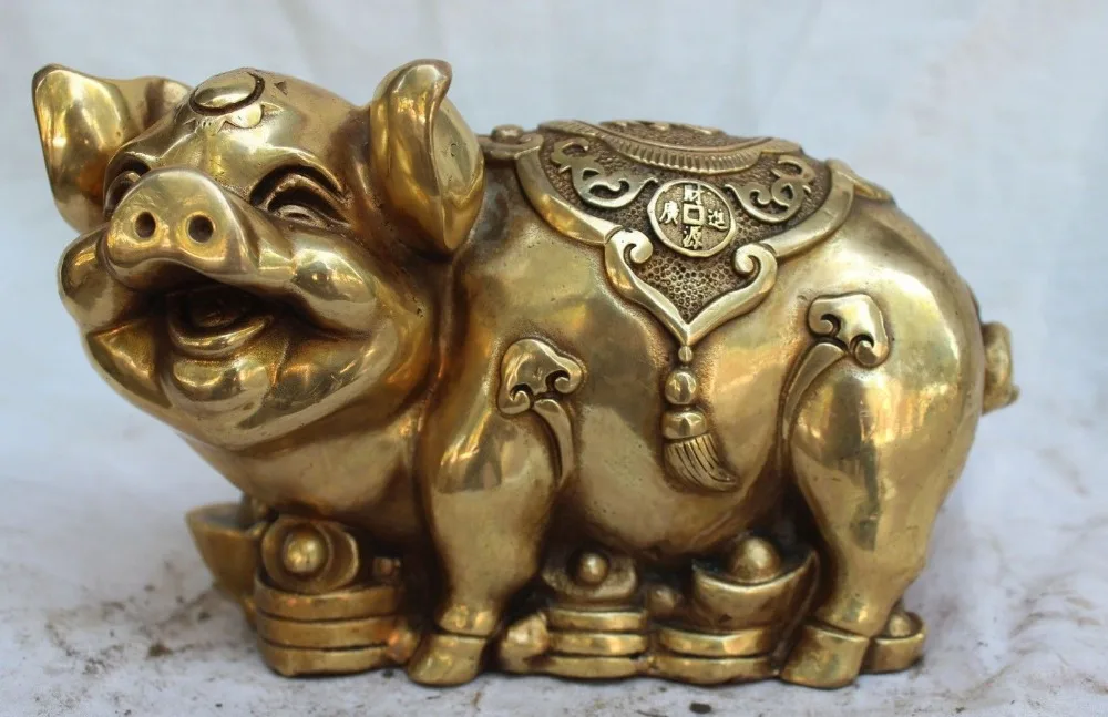 

9" Chinese Bronze Carved Lucky Animal Wealth YuanBao Foo Fu Pig Swine States 017