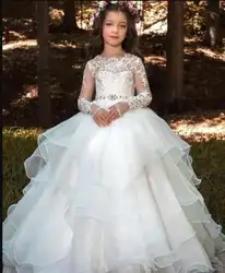 Платье с цветочным узором для девочек для свадьбы бальное платье принцессы цветочные кружева одежда с длинным рукавом стразы органзы