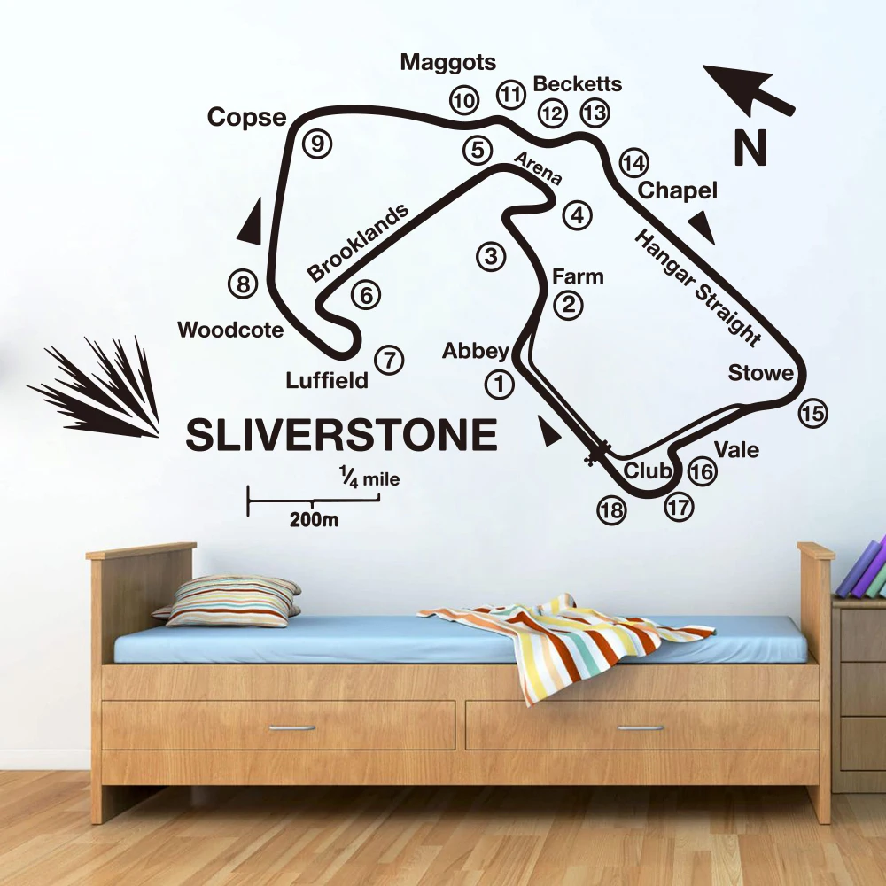 Silverstone гоночная дорожка карта F1 MOTO GP Наклейка на стену спальная; игровая гоночная мотоциклетная Настенная Наклейка для мальчика виниловый Декор