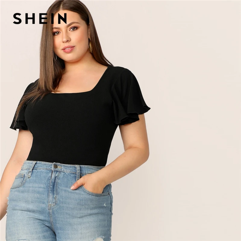 SHEIN زائد حجم أسود رفرفة كم مربع الرقبة عادي أعلى إمرأة T قميص 2019 بسط الربيع انتفض كم أعلى المحملات SHEIN زائد حجم أسود رفرفة كم مربع الرقبة عادي أعلى إمرأة T قميص 2019 بسط الربيع انتفض كم أعلى المحملات