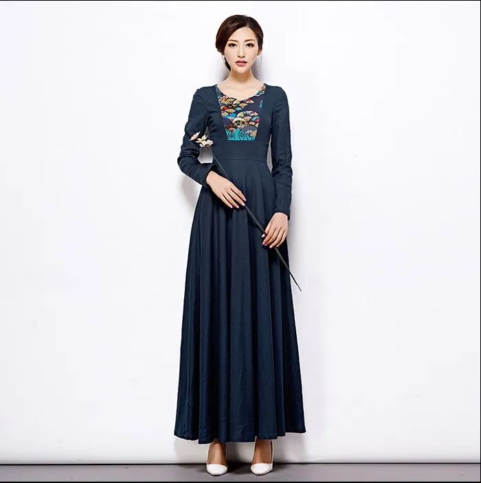 Clearance ! Spring Autumn Folk Style Women's Long Cotton Linen Dress