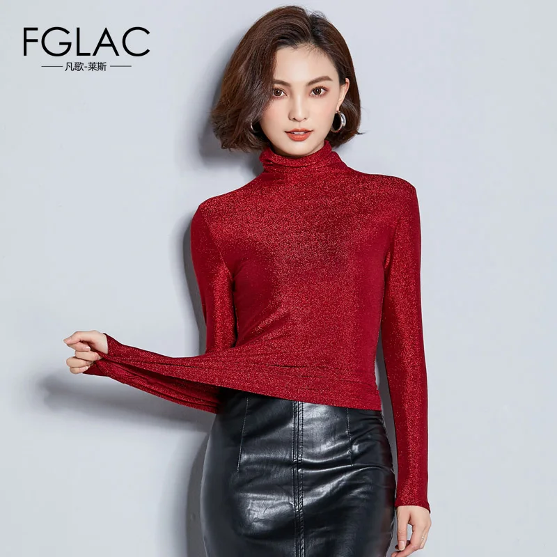 FGLAC Women t-shirts New Arrivals 2018 Autumn long sleeve Turtleneck Mesh tops Elegant Slim Solid color plus size women shirt