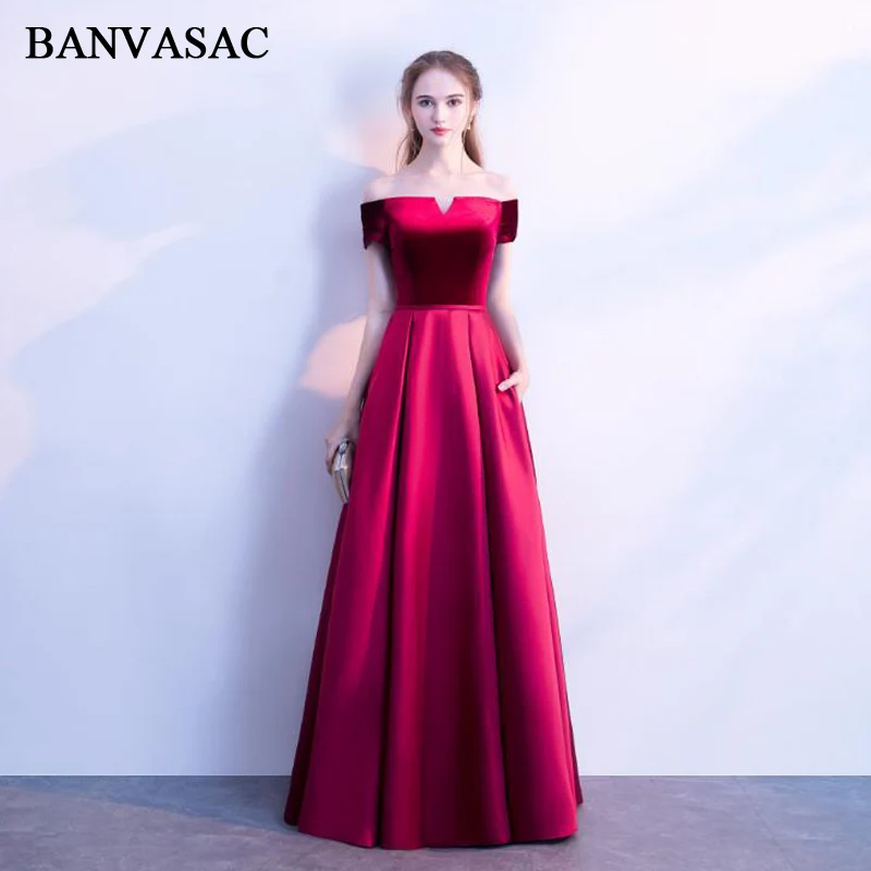 

BANVASAC 2018 Velour Boat Neck Satin Sash A Line Long Evening Dresses Off The Shoulder Backless Party Prom Gowns