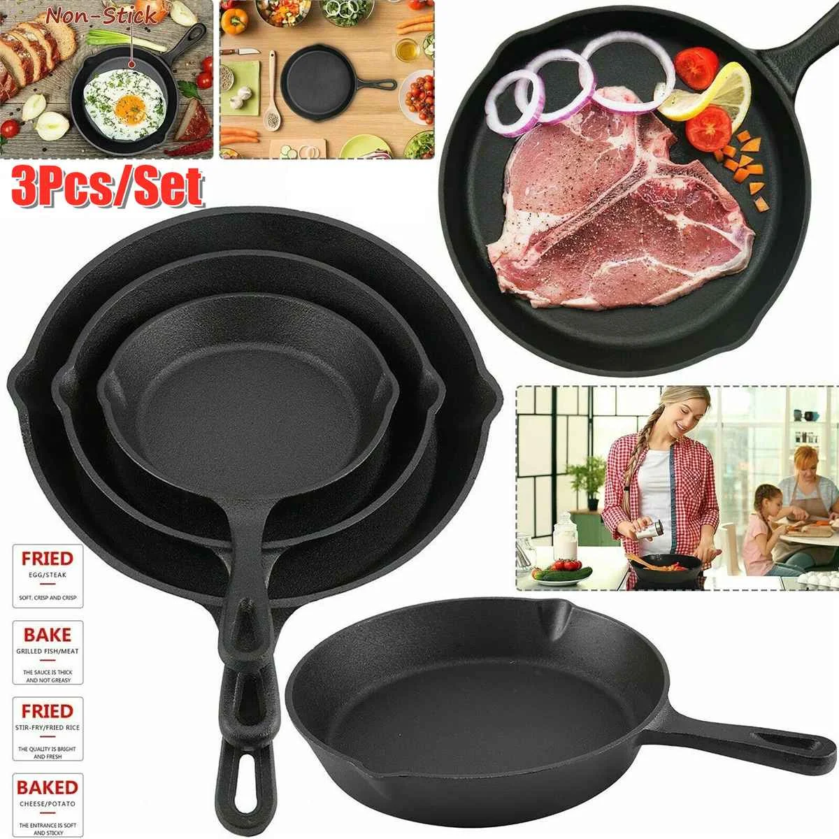 Cena 3 sztuk zestaw żeliwne non stick 14 26CM patelnia patelnia do gazu kuchenka indukcyjna jajka Pancake Pot kuchnia i akcesoria gastronomiczne naczynia kuchenne