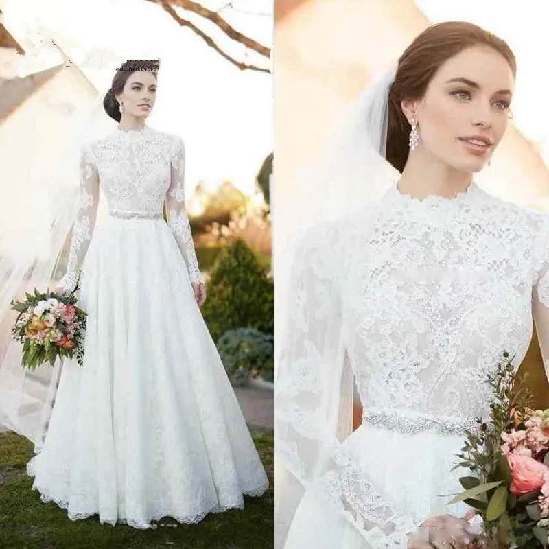 

High Neck Vintage Lace Wedding Dresses 2019 Appliques Illusion Long Sleeve Wedding Dresses with Sash Beaded A Line Bridal Gown