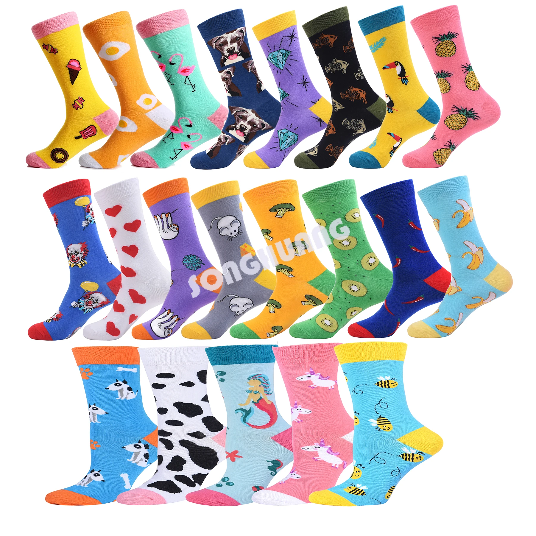

Fashion men's women's print cartoon clown fruit horse shark lazy dog bird flower socks comfortable soft cotton socks