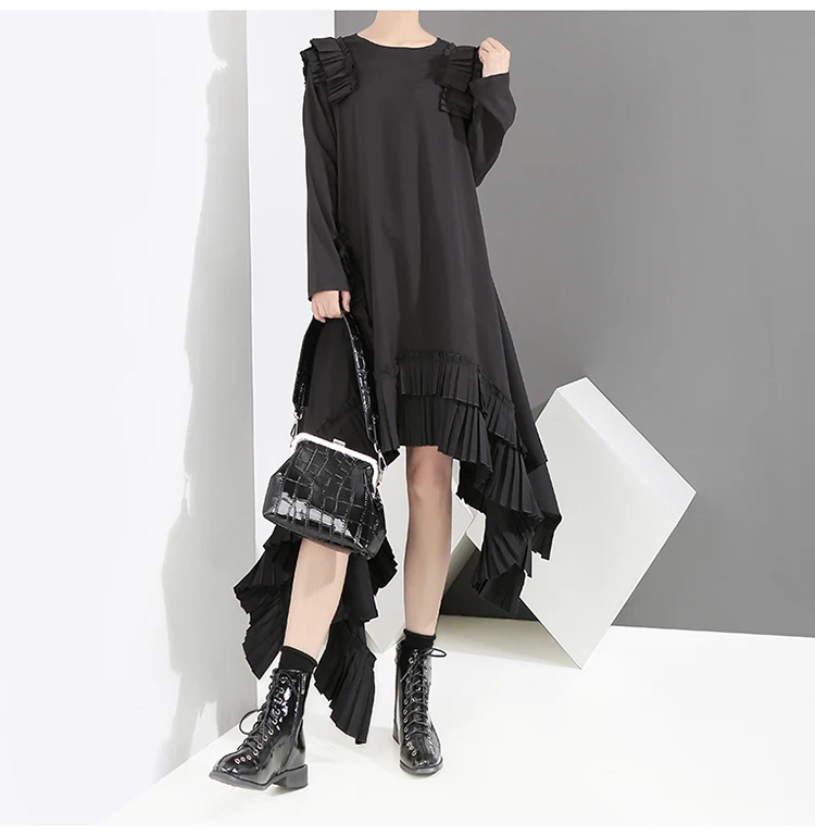 Новинка, женское однотонное Черное длинное асимметричное платье размера плюс с оборками, сшитое женское стильное свободное платье, повседневный стиль 3894
