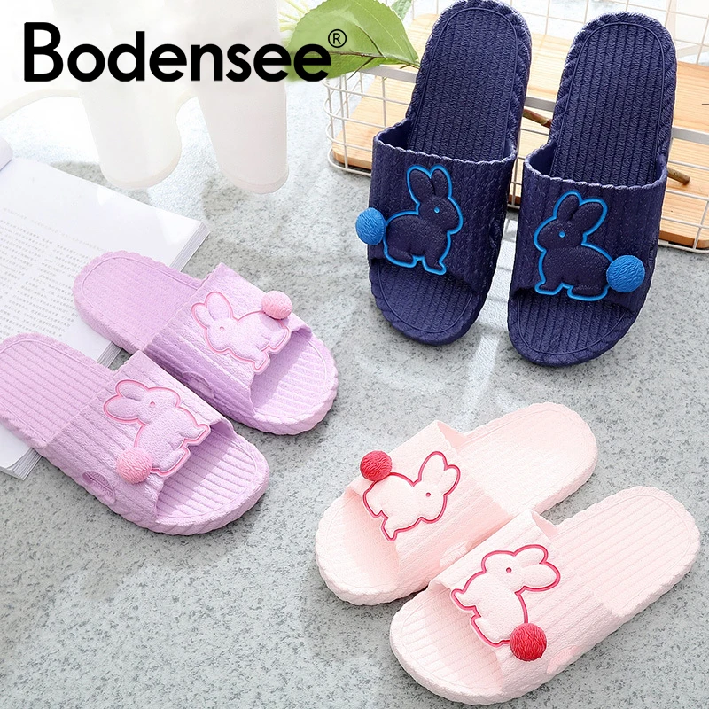 

BODENSEE Women Summer Pvc Slippers Non-slip Home Bathroom Slippers Open Toe Cartoon Cute Rabbit Flip Flops Shoes