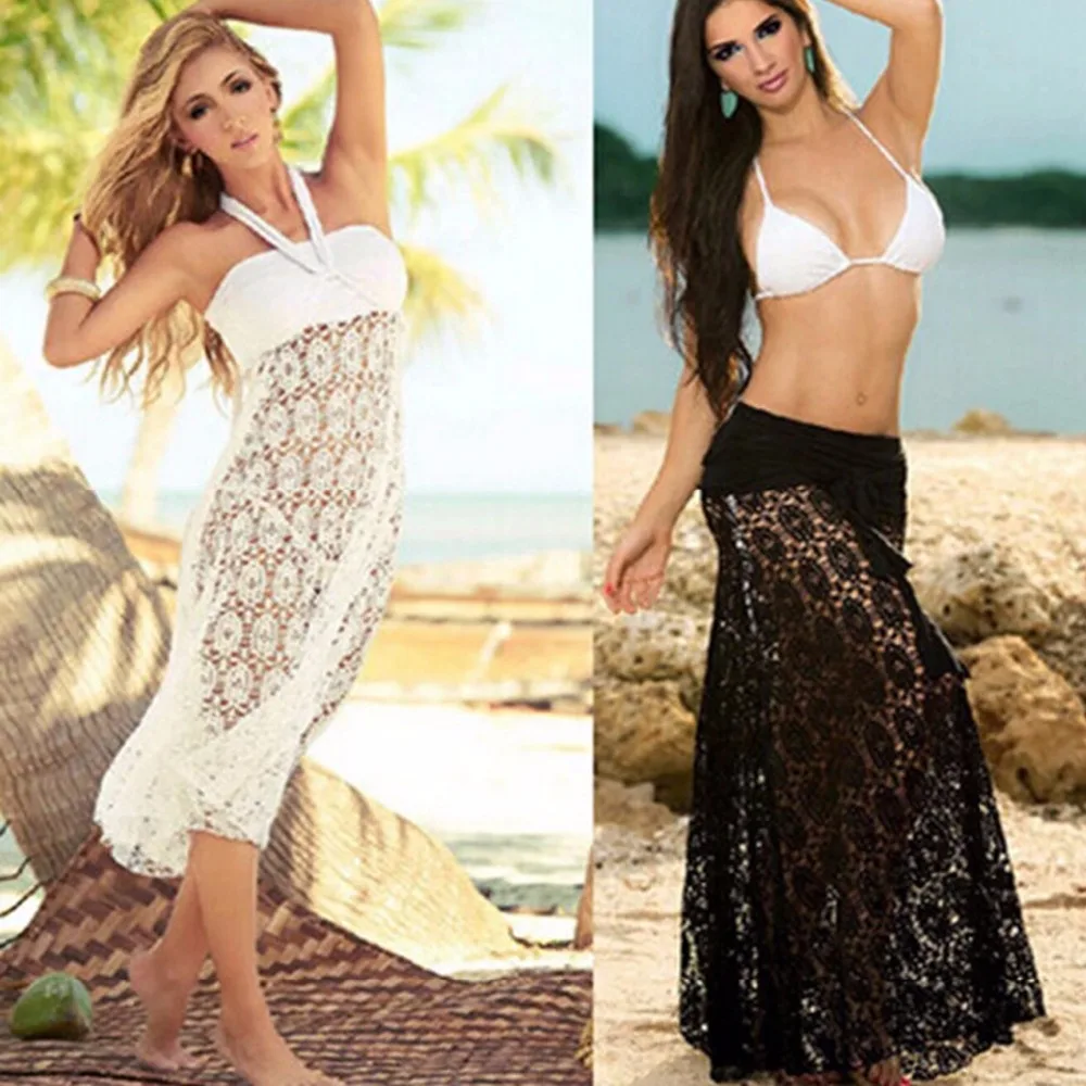 

Black White Beach Cover Up Crochet Knitted Tie Dress Tunic Summer Swimsuit Lace Hollow Out Saida de Praia longa Long Cardigan