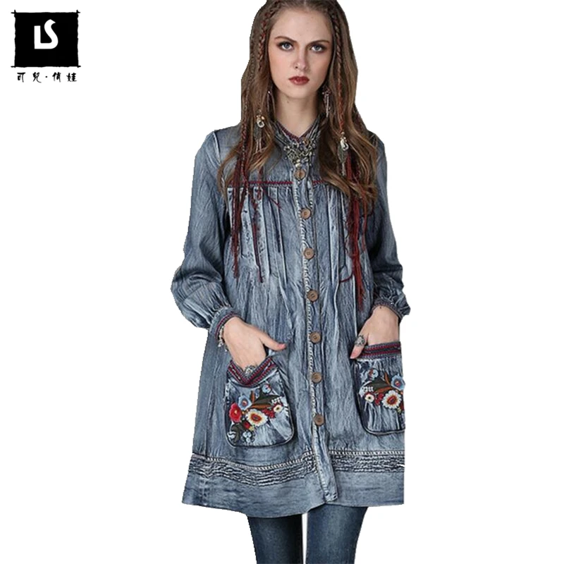 Куртка женская джинсовая демисезонная с цветочной вышивкой и карманами|women denim