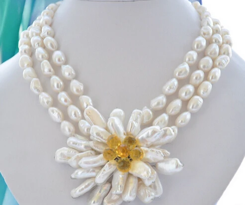 

FREE SHIPPING>@@> N2948 3strands white baroque pearl handmade biwa citrine flower necklace