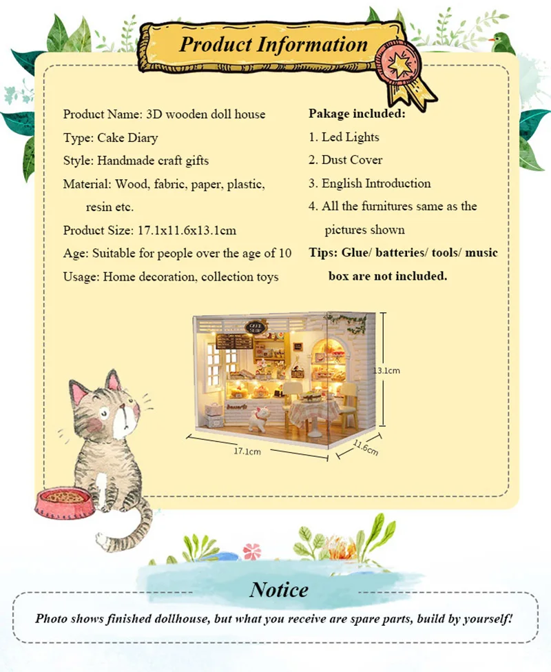 Cake Diary DIY Miniature Doll House 3D Wodden Handmade Dust Cover DollHouse Toy Miniaturas Furniture Kit Dollhouse Toys for Kids Gifts (2)