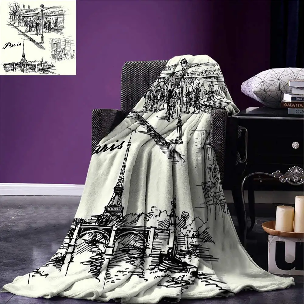 Одеяло с рисунком Эйфелевой башни, эскиз Парижа, стиль кафе, ресторана, ориентир, канал, лодка, фонарь, ретро принт, теплая микрофибра