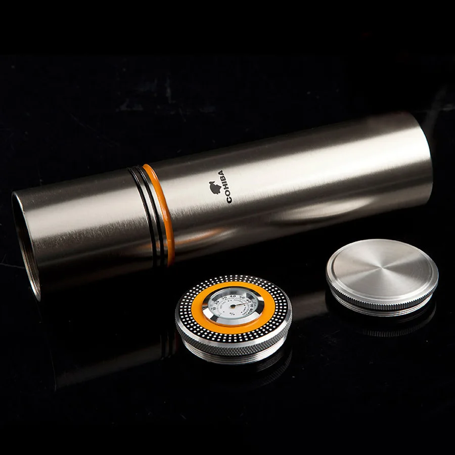 

COHIBA Silver Tone Cylindrical Travel Cigar Hydrating Tube Humidor & Hygrometer Portable Jar Gadgets Aluminium Alloy Cigar Tube