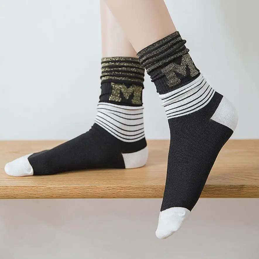 Популярные женские новые ультра-тонкие эластичные короткие шелковые полосатые блестящие с буквенным принтом Потрясающие дышащие женские носки повседневные Soxs Sokken