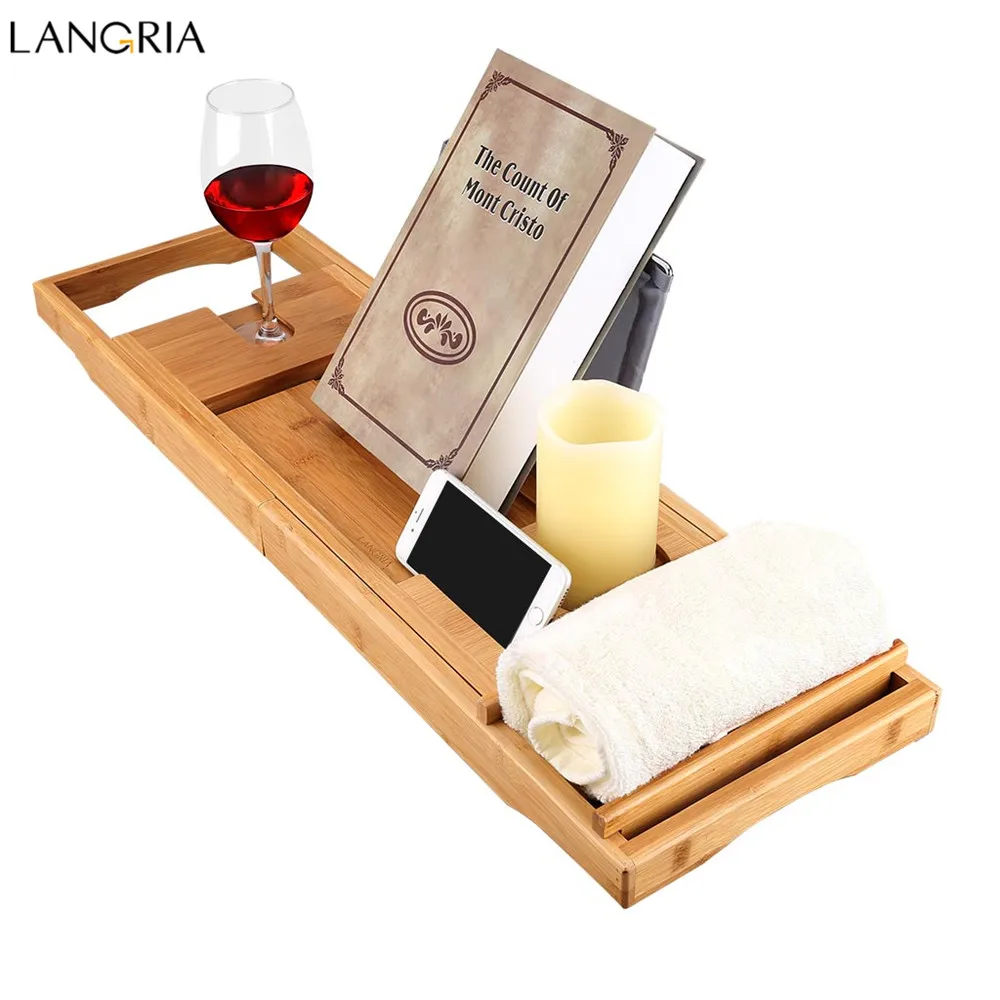 LANGRIA Bamboo BathtubTray Handcrafted Bath Tray Bathroom Shelves bathtub caddy bath caddy Bath Rack Bathroom Storage Stand Tray04