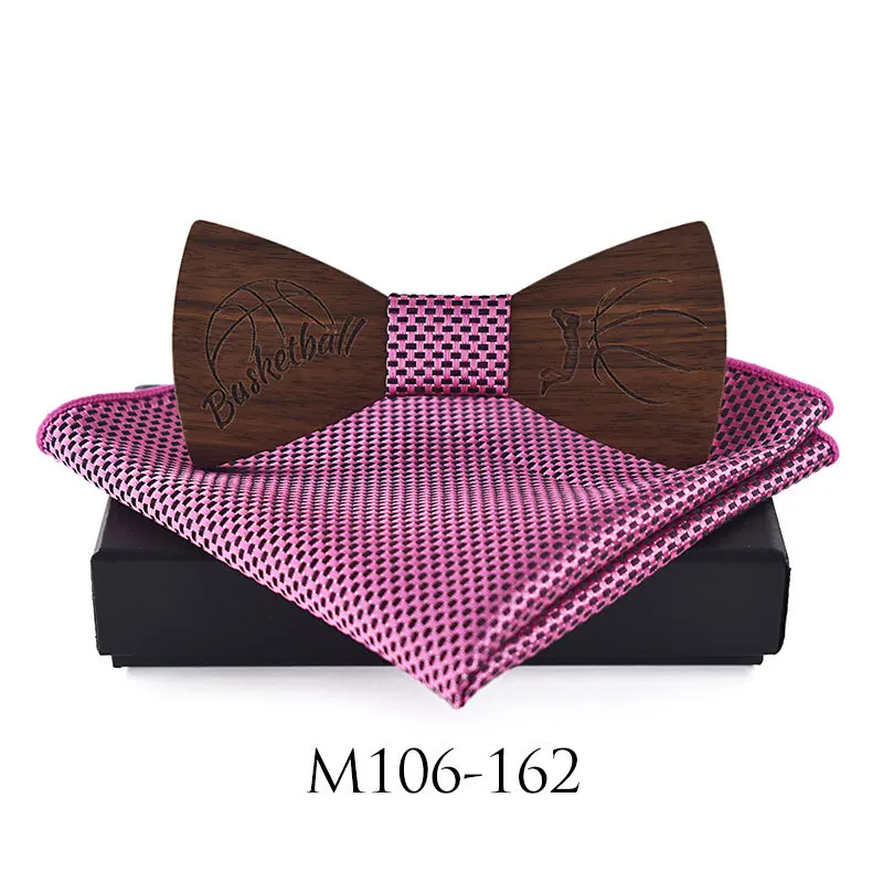  Luxury Wooden Bowties for Men Fashion Laser Engraving Basketball Pattern Bowtie Pocket Square Handk